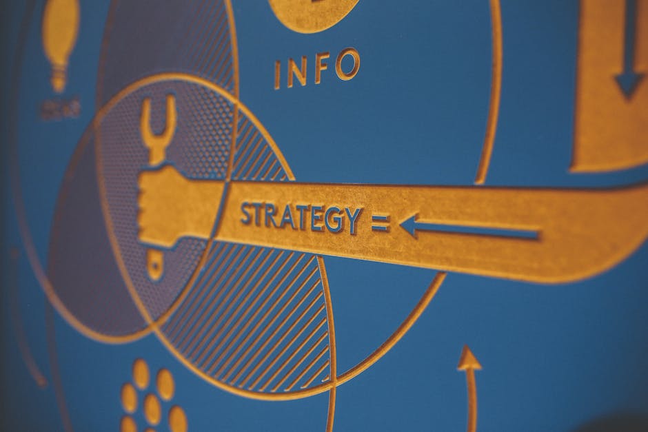 Golden embossed diagram on blue: 'INFO', 'STRATEGY =', a hand with a tool. Visualizes RLHF and AI value alignment.