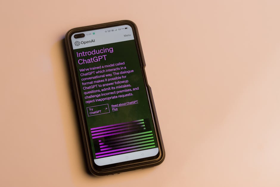 Smartphone displaying OpenAI ChatGPT introduction, highlighting its conversational AI model.