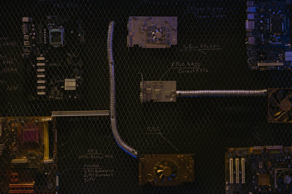 Vintage computer motherboards and components on a dark grid, showcasing semiconductor evolution crucial for AI development.