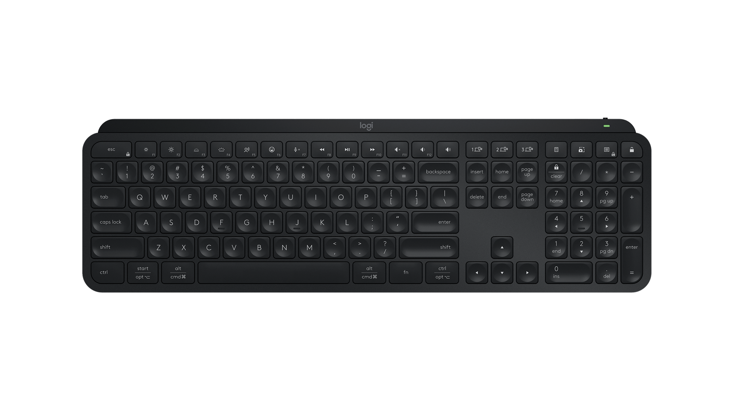 Top-down view of a black Logitech MX Keys S full-size wireless keyboard with numeric keypad on a dark background.