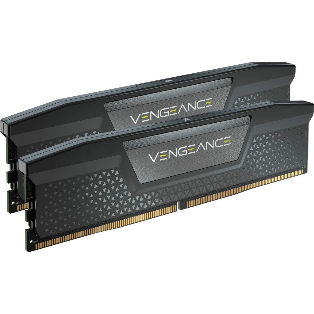 Two black Corsair Vengeance 64GB (2x32GB) DDR5 RAM modules with textured heatspreaders.