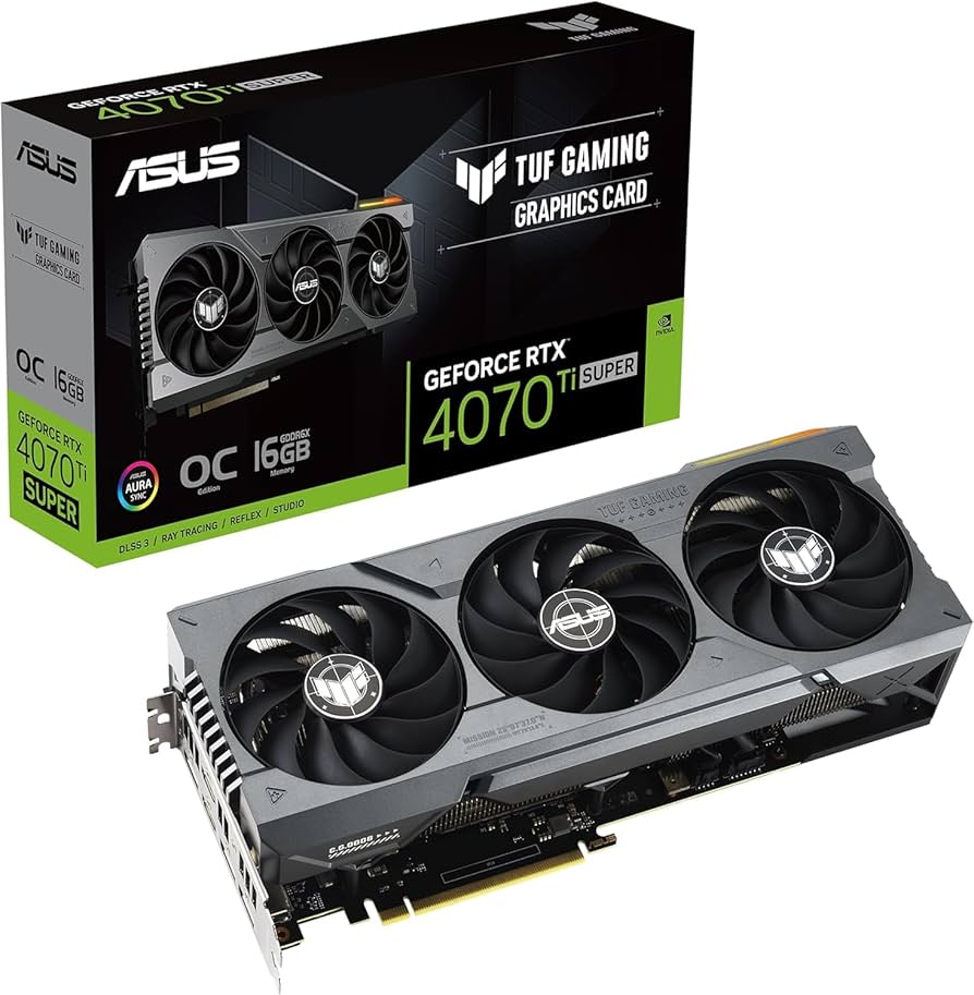 ASUS TUF Gaming NVIDIA GeForce RTX 4070 Ti SUPER OC 16GB graphics card with triple-fan design and its retail box.
