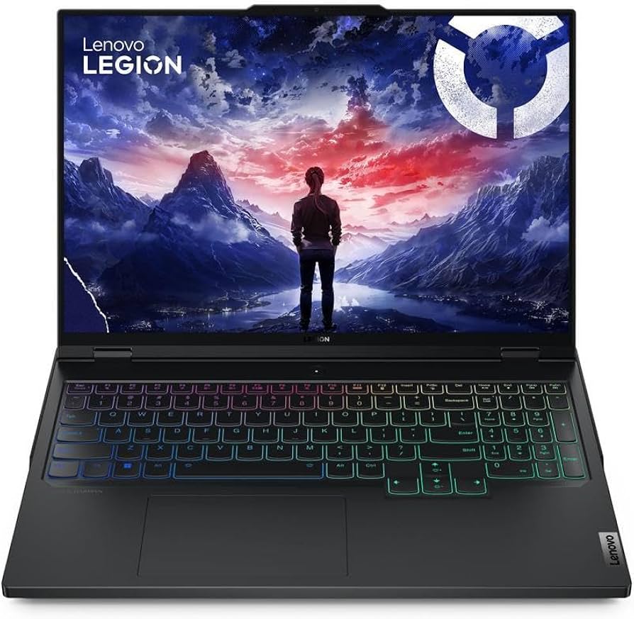 Lenovo Legion Pro 7i Gen 9 gaming laptop with a vibrant display showing a scenic view and a multicolored RGB keyboard.