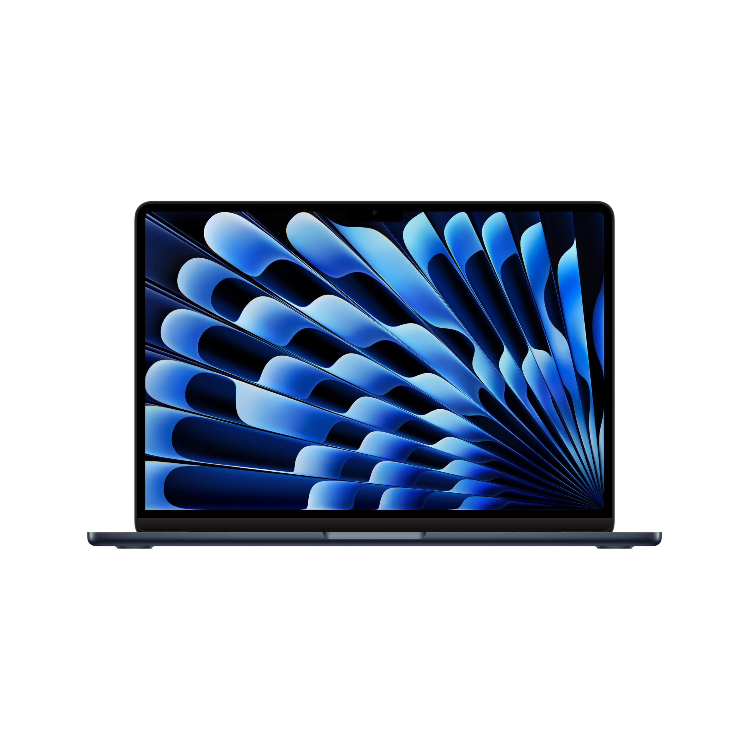 Frontal view of an open Midnight Apple MacBook Air 13-inch M3 laptop with a vibrant blue abstract wallpaper on its screen.