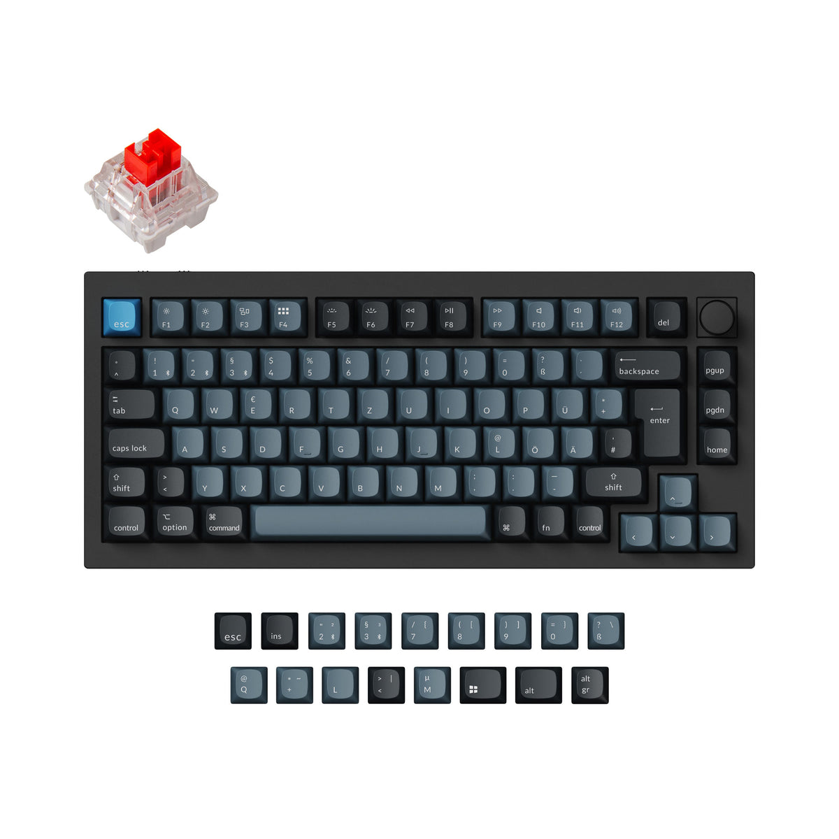 Keychron Q1 Pro 75% mechanical keyboard in dark grey, featuring a red switch, ISO DE layout, and additional keycaps.