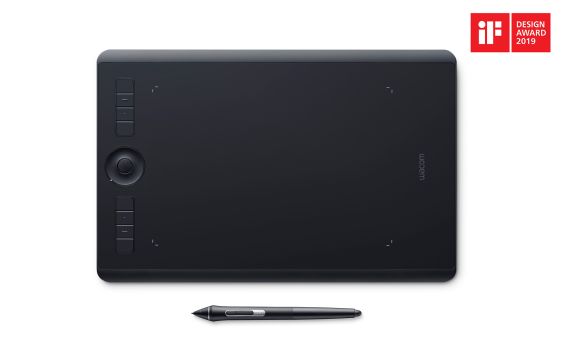 Black Wacom Intuos Pro Medium pen tablet with its stylus, featuring ExpressKeys, Touch Ring, and iF Design Award 2019 recognition.