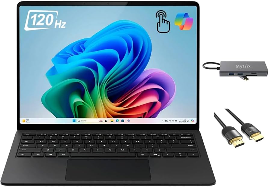 Black Microsoft Surface Laptop 7 with 120Hz touchscreen, Windows 11, Mytrix USB-C hub, and HDMI cables.