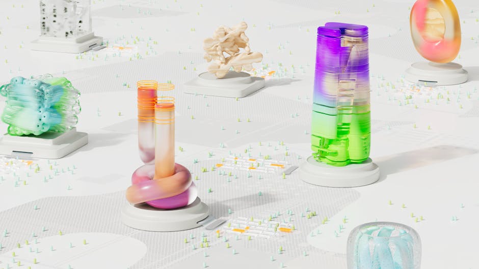 Abstract scientific models, test tubes, and data elements symbolizing AI's role in accelerated discovery.