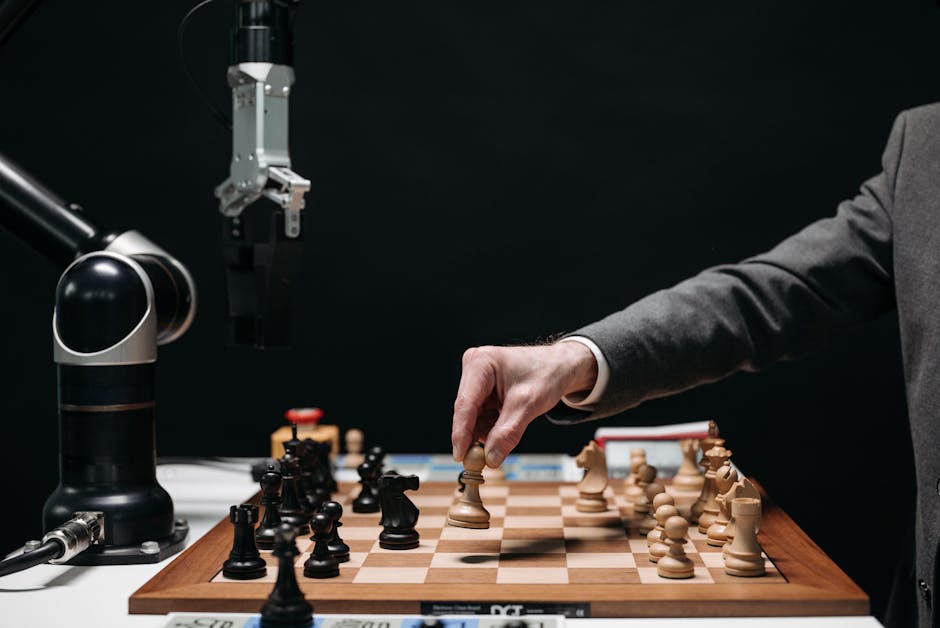 Human hand moves a chess pawn on a chessboard with a robotic arm, showcasing AI in gaming and game development.
