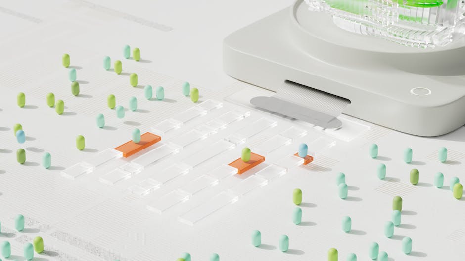 Abstract visualization of AI data cleansing & preprocessing: colorful data points on clear & orange grid tiles leading to a processor.