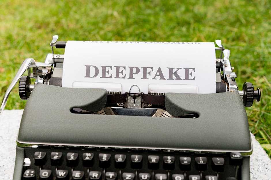 A typewriter with 'DEEPFAKE' on paper, representing AI ethics, voice cloning, and synthetic media issues.
