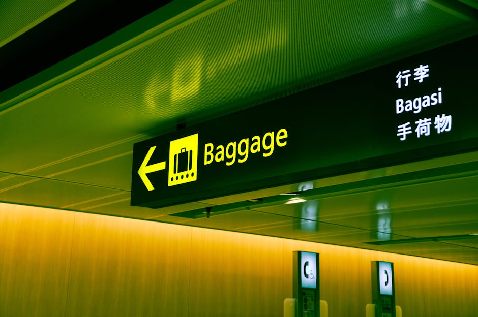 Multilingual airport baggage sign pointing left, showing English, Chinese characters, and 'Bagasi', relevant to AI translation.