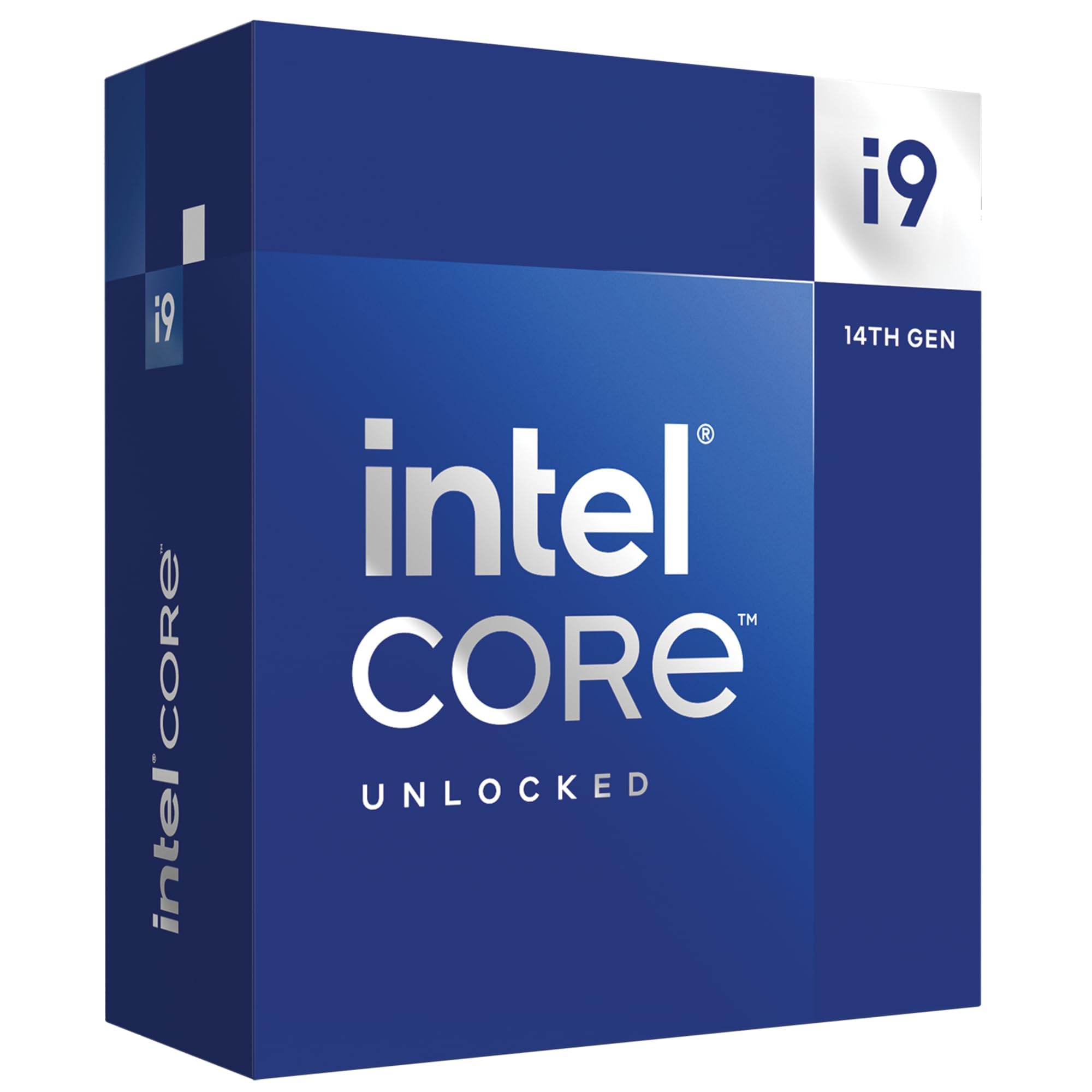 Blue retail box for the Intel Core i9-14900K 14th Gen Unlocked desktop processor, showing Intel Core and i9 branding.