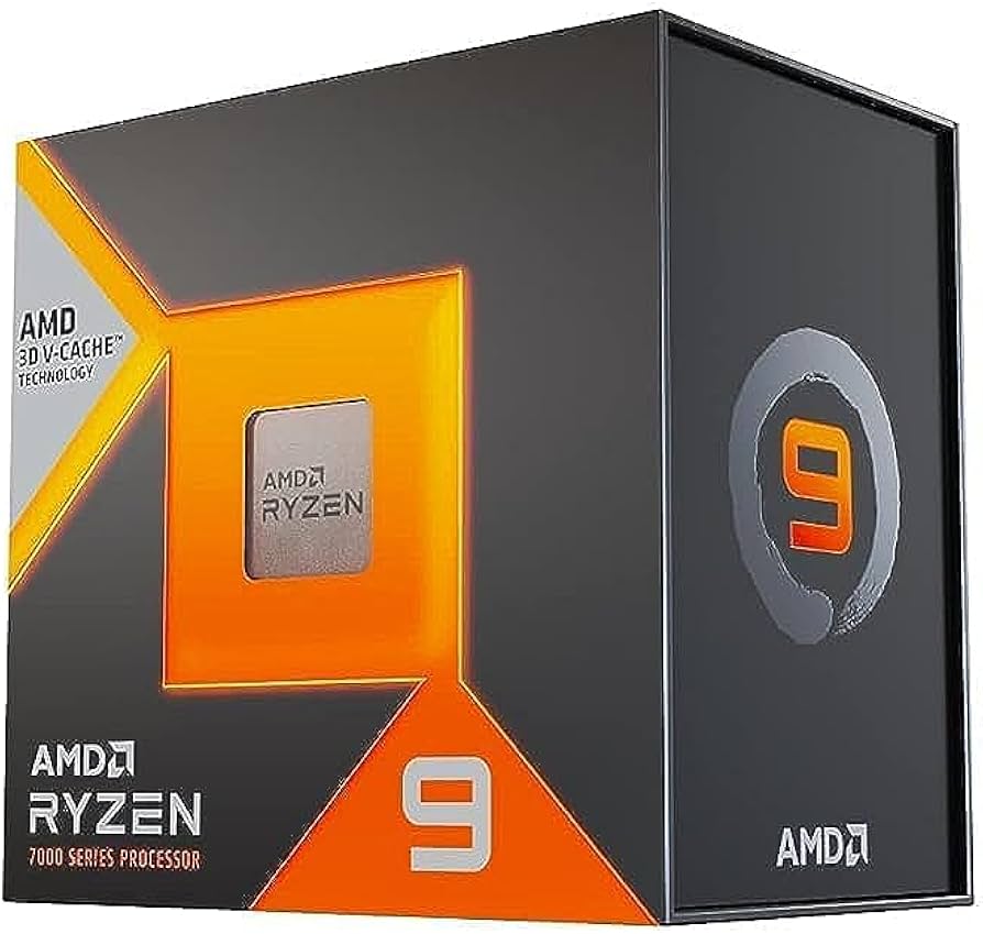 AMD Ryzen 9 7950X3D processor retail box showcasing 7000 series branding, 3D V-Cache technology, and CPU chip.