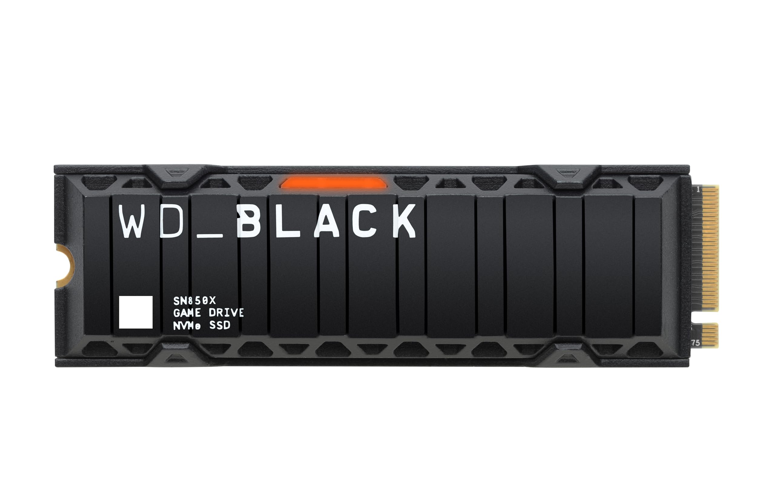WD_BLACK SN850X NVMe SSD with heatsink, featuring 'WD_BLACK' branding, 'SN850X GAME DRIVE NVMe SSD' text, and orange LED.