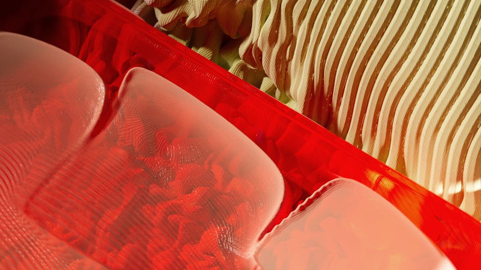 Abstract image with translucent red and light pink forms, wavy patterns, and striped beige fabric, representing AI's reality-virtual bridge.