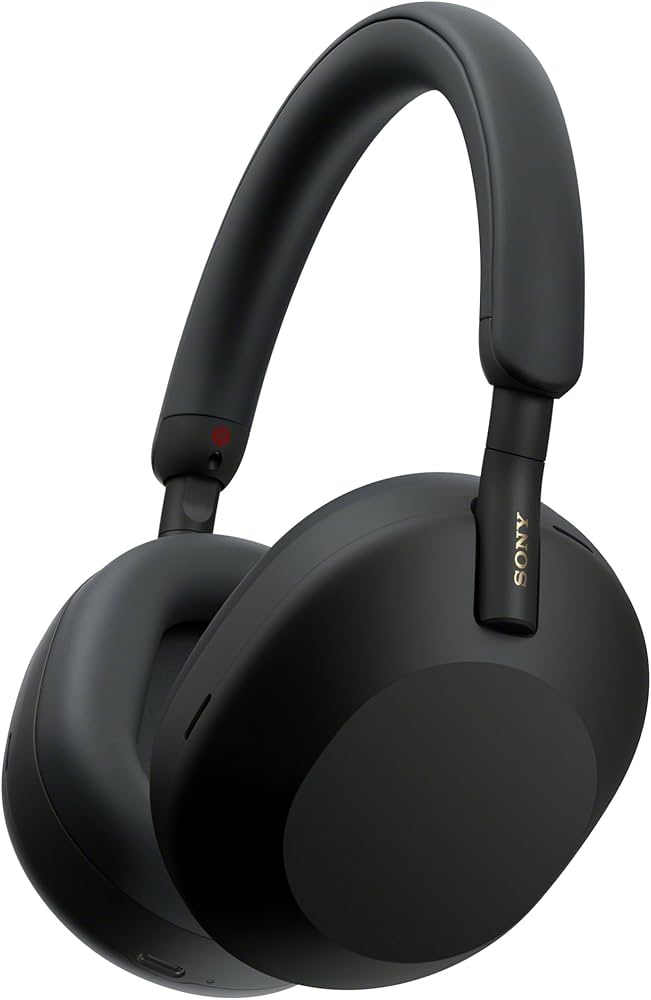 Black Sony WH-1000XM5 over-ear noise-canceling headphones with a gold SONY logo.