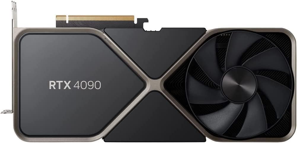 An NVIDIA GeForce RTX 4090 graphics card showing its black and silver design with a large cooling fan.