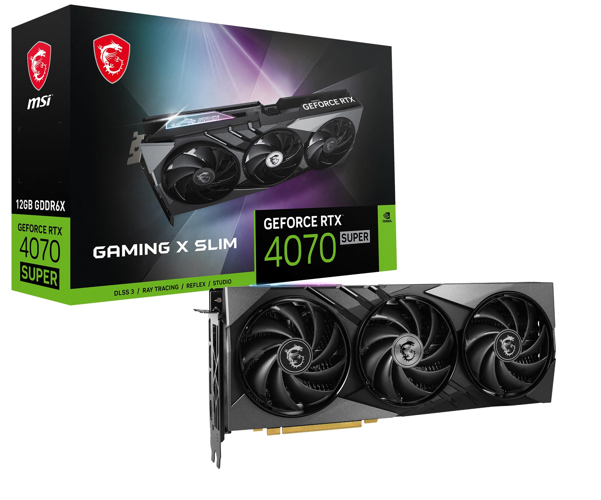 MSI NVIDIA GeForce RTX 4070 Super 12GB Gaming X Slim GPU with triple fans and its retail packaging.