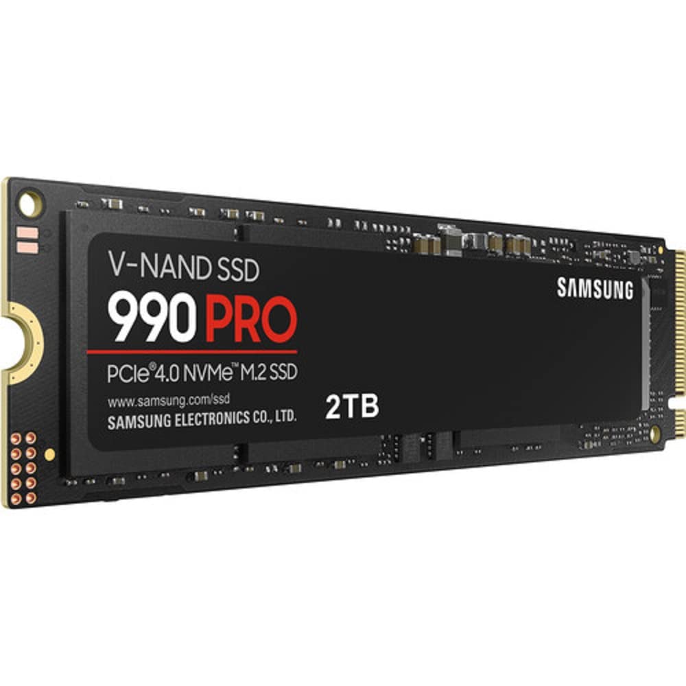 Samsung 990 PRO 2TB PCIe 4.0 NVMe M.2 SSD module, black with V-NAND SSD branding.