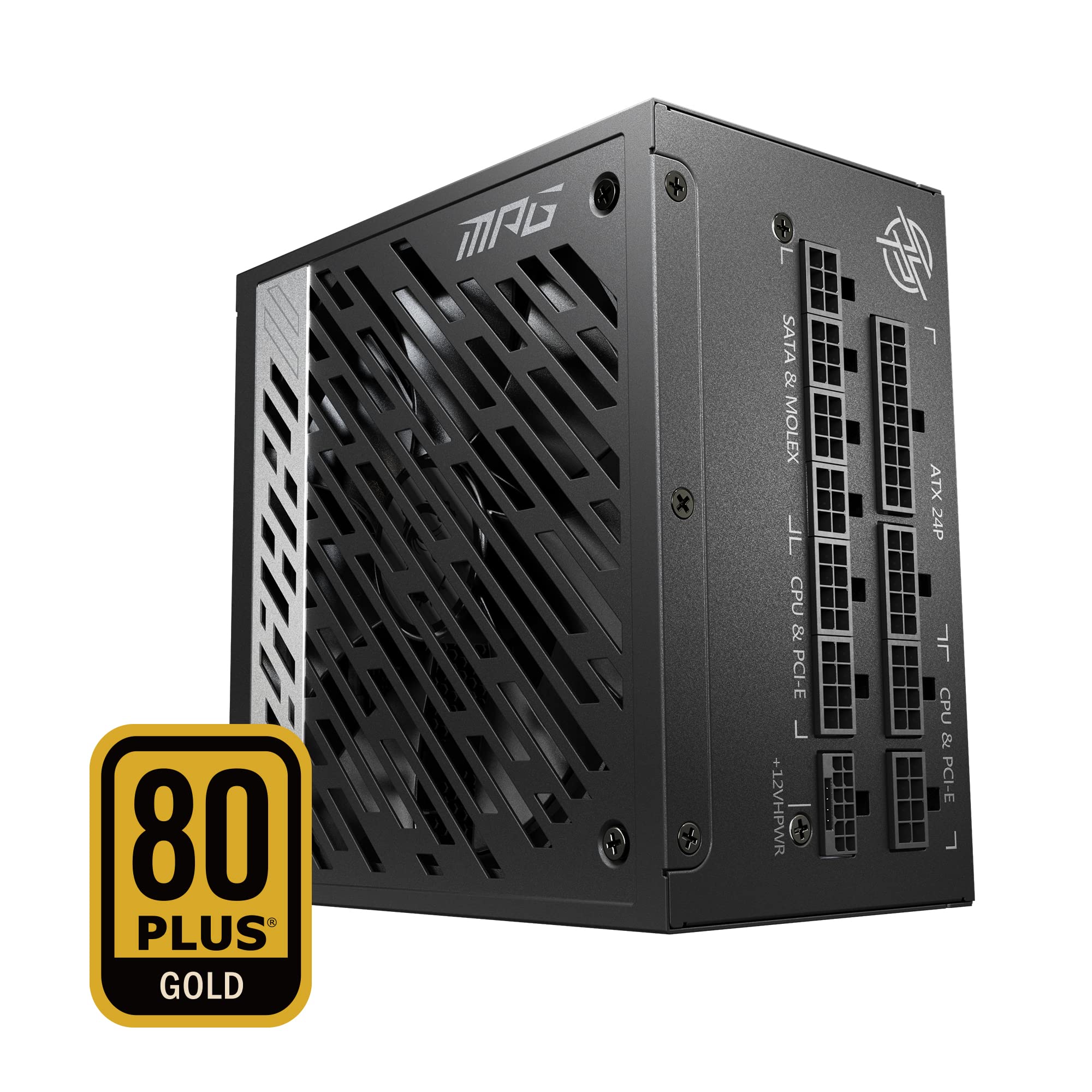 MSI MPG A1000G PCIE5 80 PLUS Gold modular PSU with fan grill, full modular cable connectors, and 12VHPWR port.