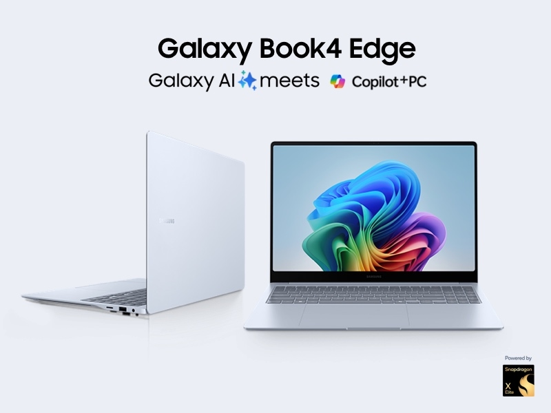 Two Samsung Galaxy Book4 Edge AI laptops, featuring Copilot+PC and Snapdragon X Elite, displayed on a light background.