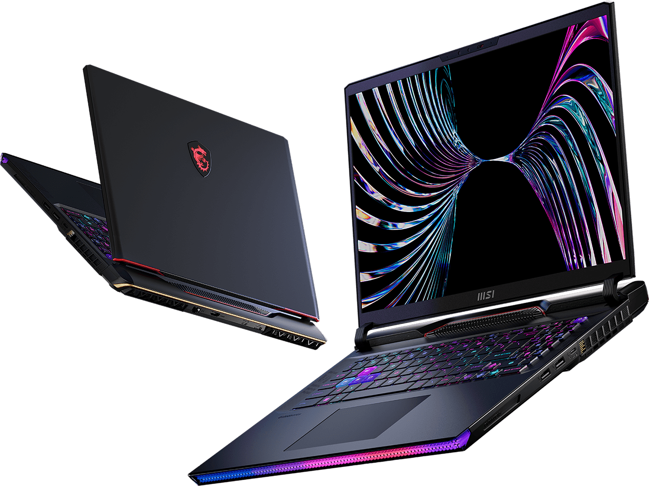MSI Raider GE78 HX gaming laptops with vibrant RGB keyboard, chassis lighting, and the iconic dragon logo.