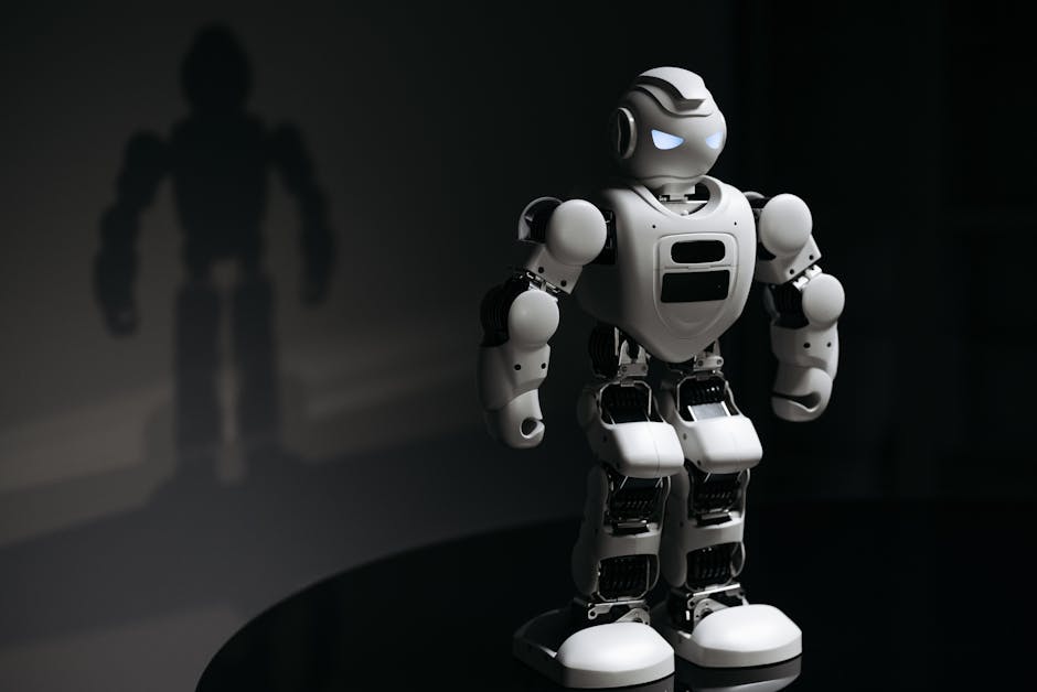 White humanoid AI robot with glowing blue eyes on a dark background, representing image optimization technology for WordPress.