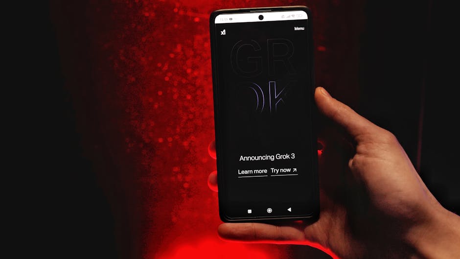 Hand holding smartphone announcing 'Grok 3' AI, representing AI-generated content platforms and monetization.