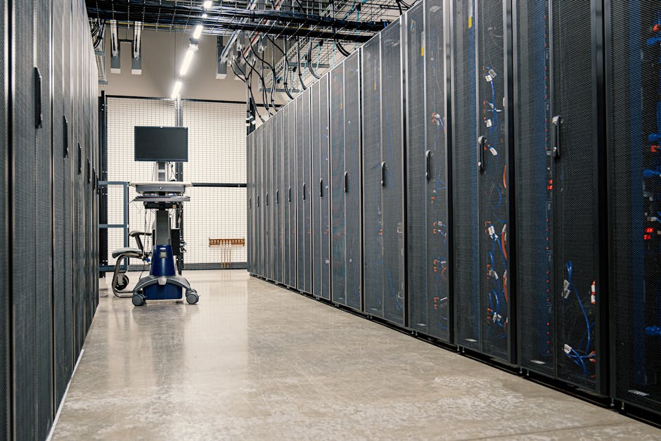 Rows of server racks in a modern data center, supporting AI-assisted cloud database management infrastructure.