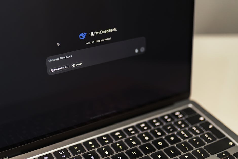 Laptop screen with DeepSeek AI chatbot interface and 'DeepThink' button, illustrating AI-powered adaptive testing.