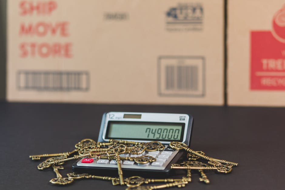 Ornate keys on a calculator displaying '749000' with moving boxes behind. Represents efficient API batch processing and overcoming rate limits.