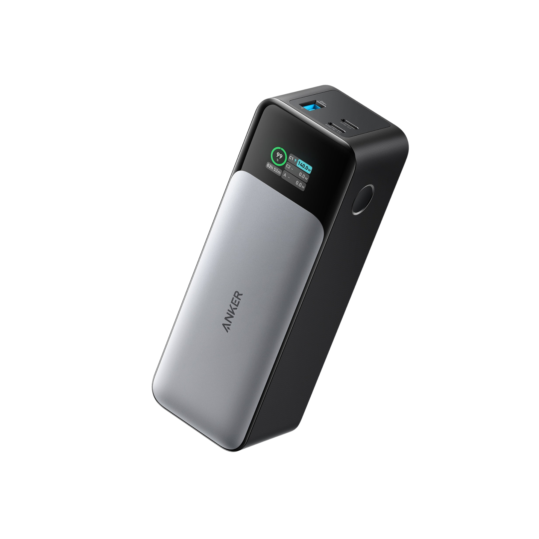 Anker 737 Power Bank (PowerCore 24K) showing 99% charge and 140W output on its smart digital display.