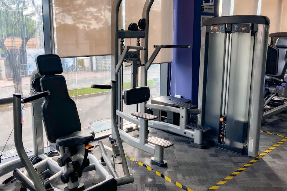 Modern gym interior with strength training machines, patterned floor, and large windows, suitable for AI-driven workouts.