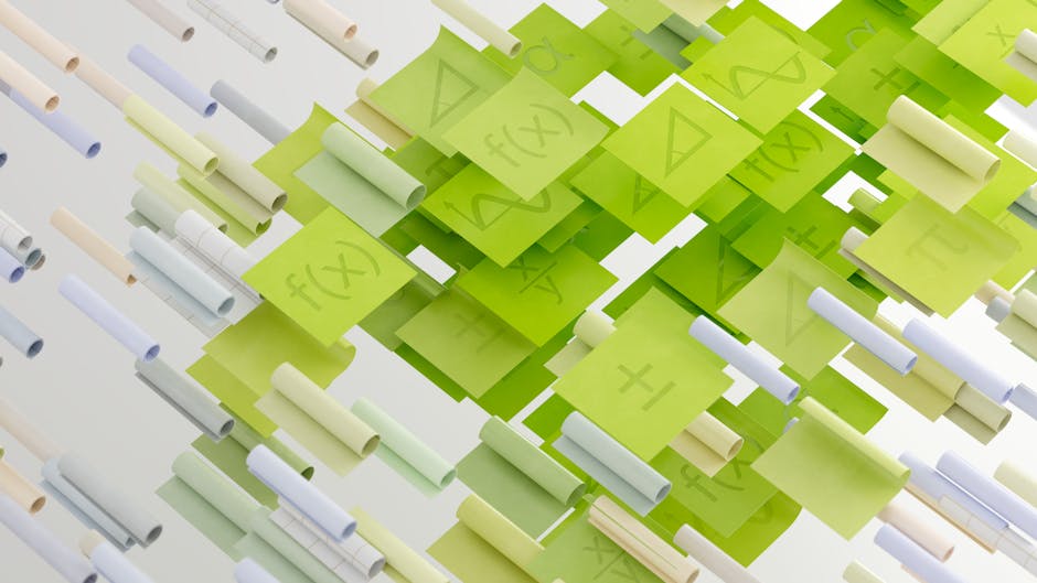 Abstract image of green notes with scientific symbols & rolled papers, symbolizing AI-driven research, data analysis, and knowledge discovery.