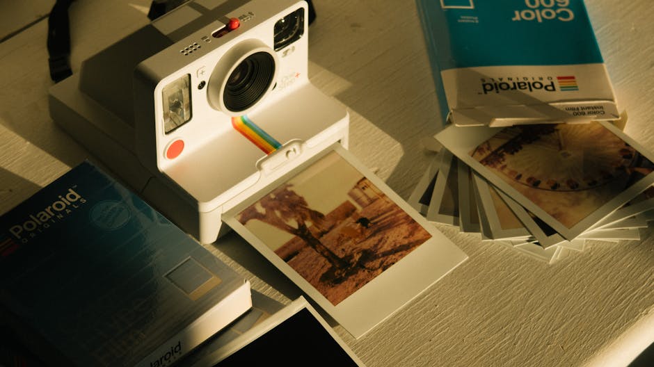 White Polaroid instant camera, developed color photos, and film boxes, symbolizing memories and AI enhancement.