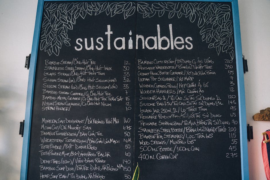 Chalkboard menu of 'sustainables' listing eco-friendly products like reusable straws, bottles, and cleaners for waste reduction.