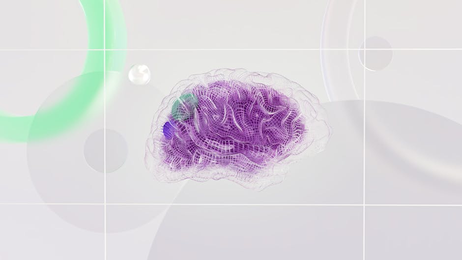 Abstract 3D purple brain with mesh pattern and highlighted areas, symbolizing AI neural networks for image enhancement.