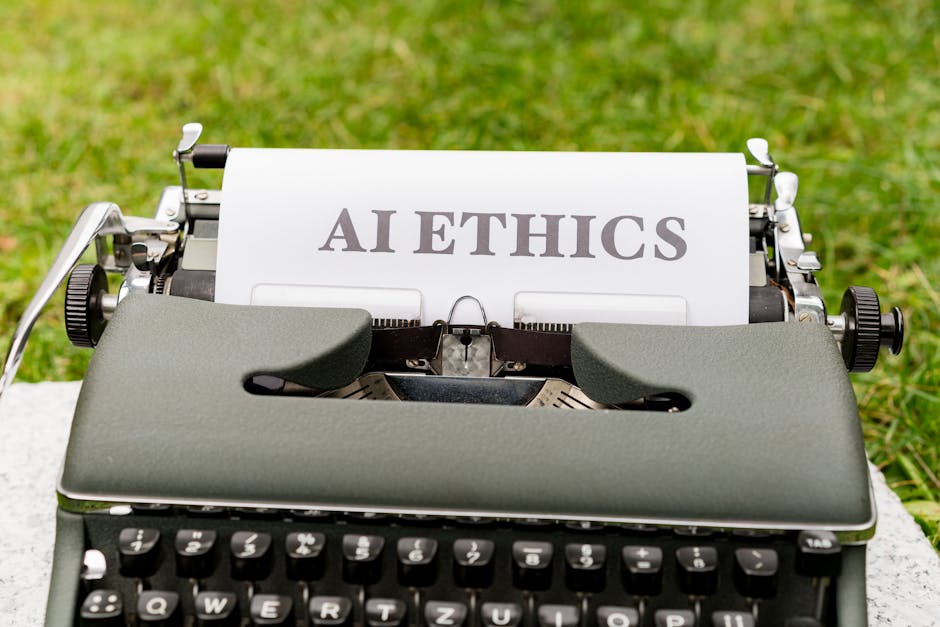 Vintage typewriter with 'AI ETHICS' typed on paper, symbolizing ethical considerations for AI in healthcare.