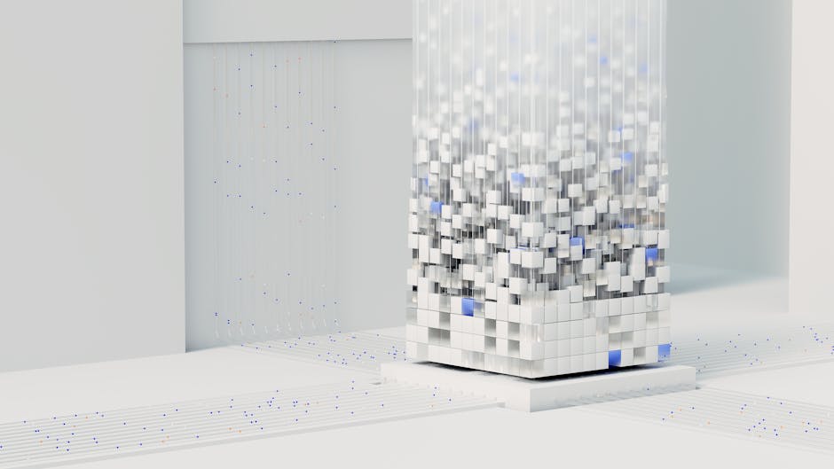 Abstract digital structure of white and blue cubes with flowing data, symbolizing AI-powered learning for new crafts.